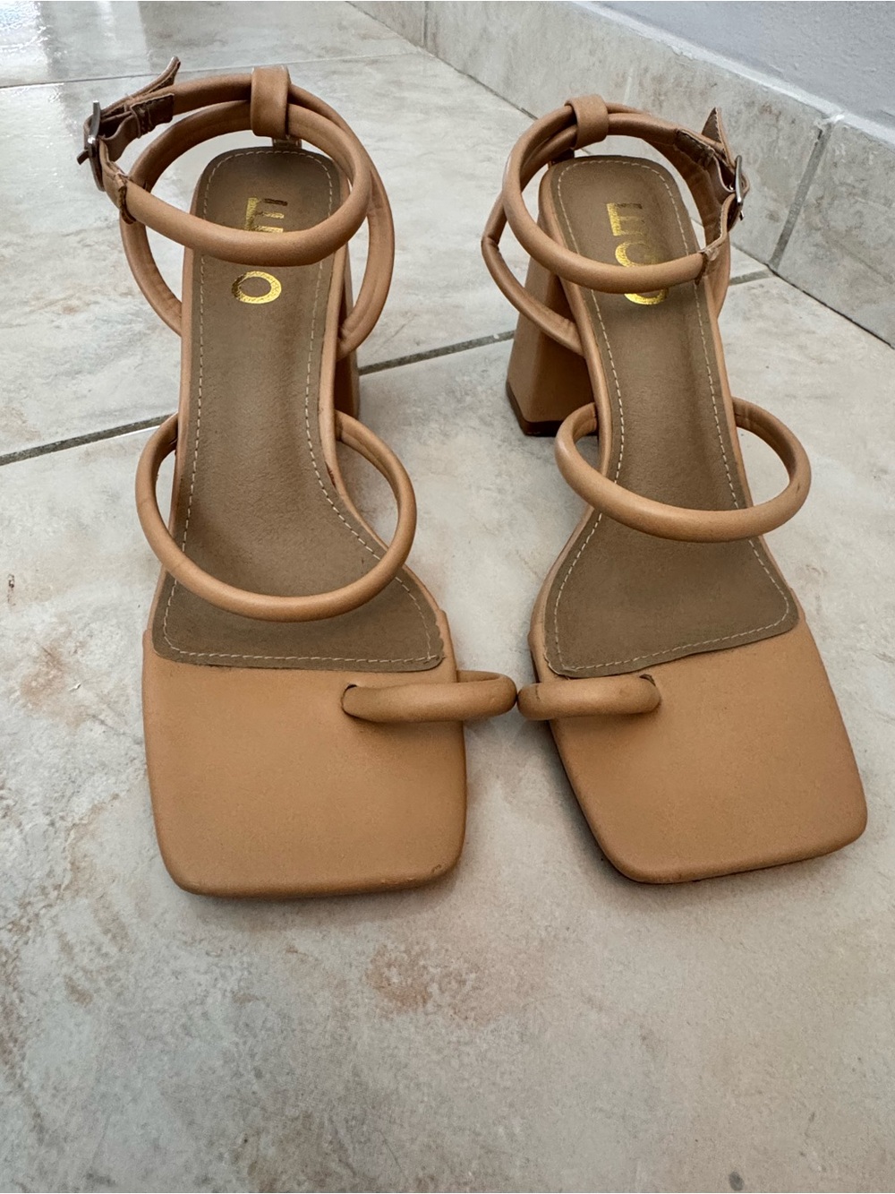 EGO Tan Strappy Square-Toe Block Heel Sandals